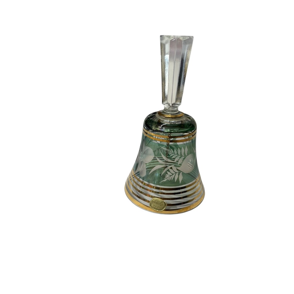 Bohemia Crystal Handcrafted Etched Green Glass Bell Gold Trim‎ Decorative Accent